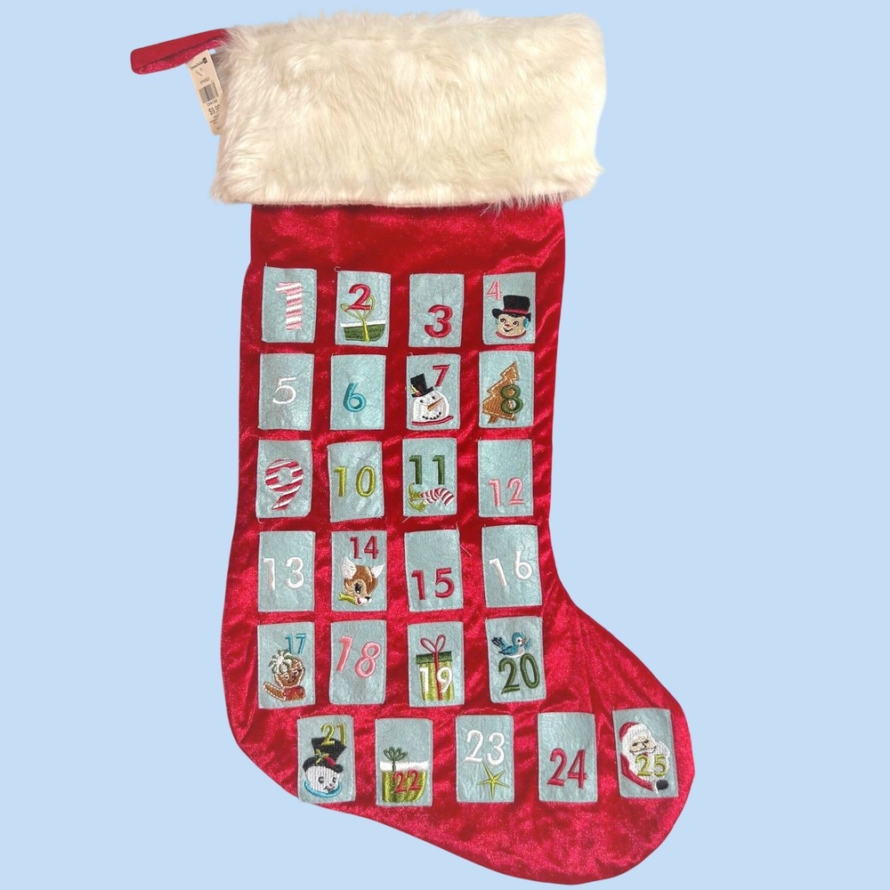 Celebrate It Advent Calendar Stocking Countdown Kids 25in Velvet Red White